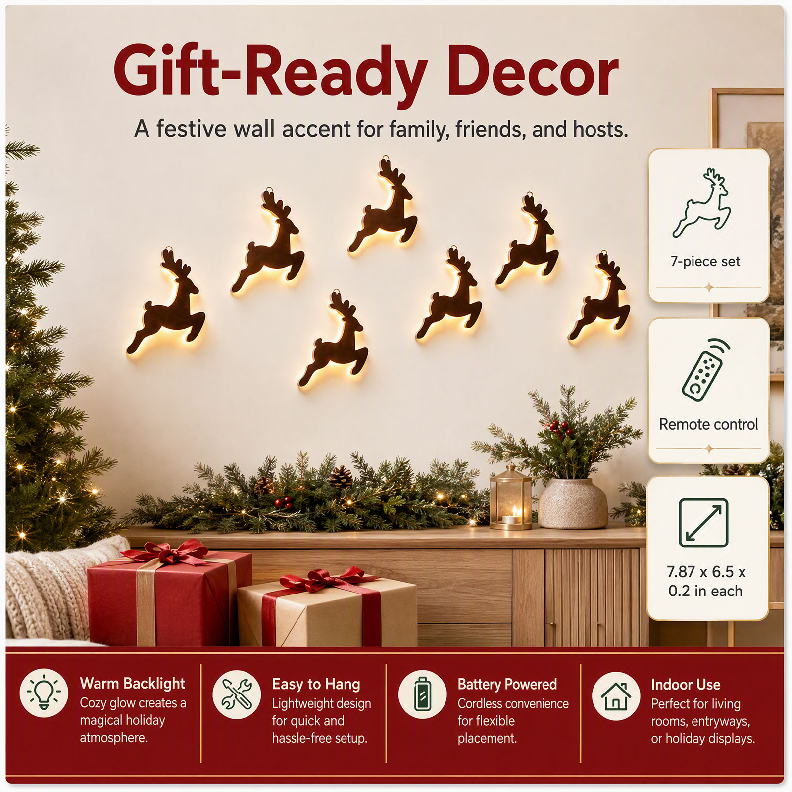 Up Lighting Decor - 7-teiliges LED-Holz-Rentier-Wanddekor, Weihnachtsbeleuchtung, Urlaubsraumdekoration mit Fernbedienung